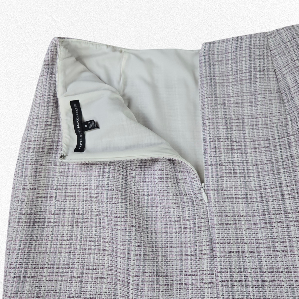 WHBM Purple White Tweed Fray Fringe Pencil Straight Knee Length Skirt Size 8 - Picture 9 of 10